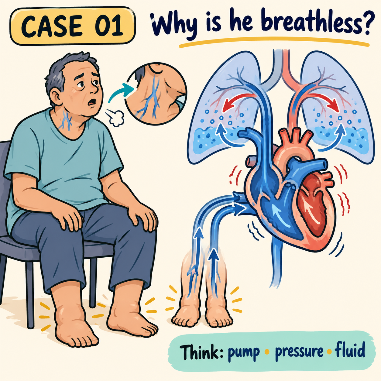 Cartoon clinical case about heart failure