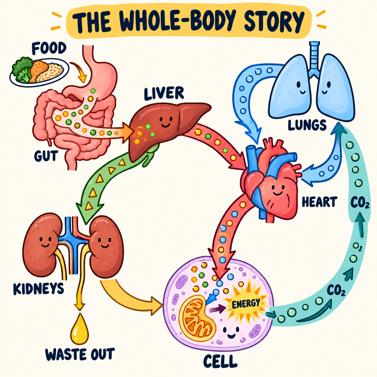 Cartoon diagram showing how body systems work together